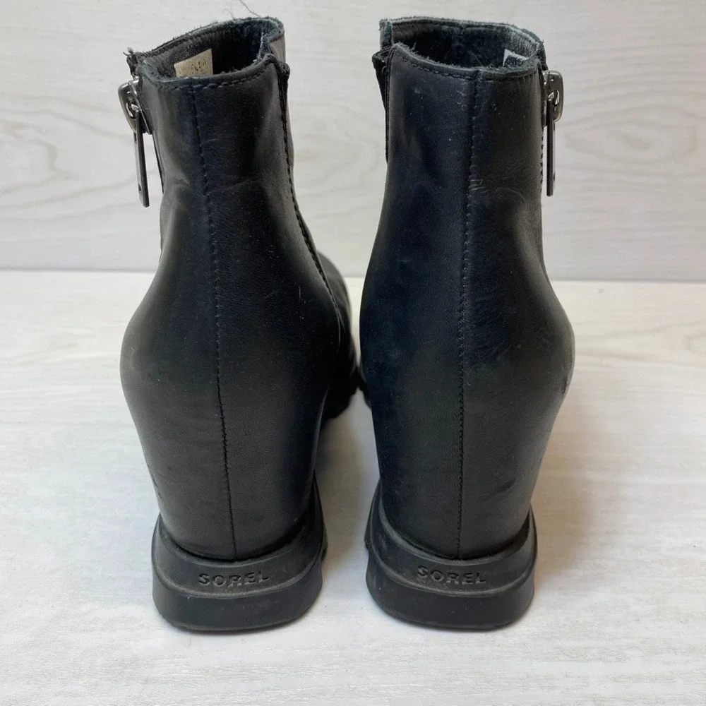 Sorel Womens 8.5 Arctic Wedge Ankle Boots Lug Sole Black Leather Side Zip NL4372